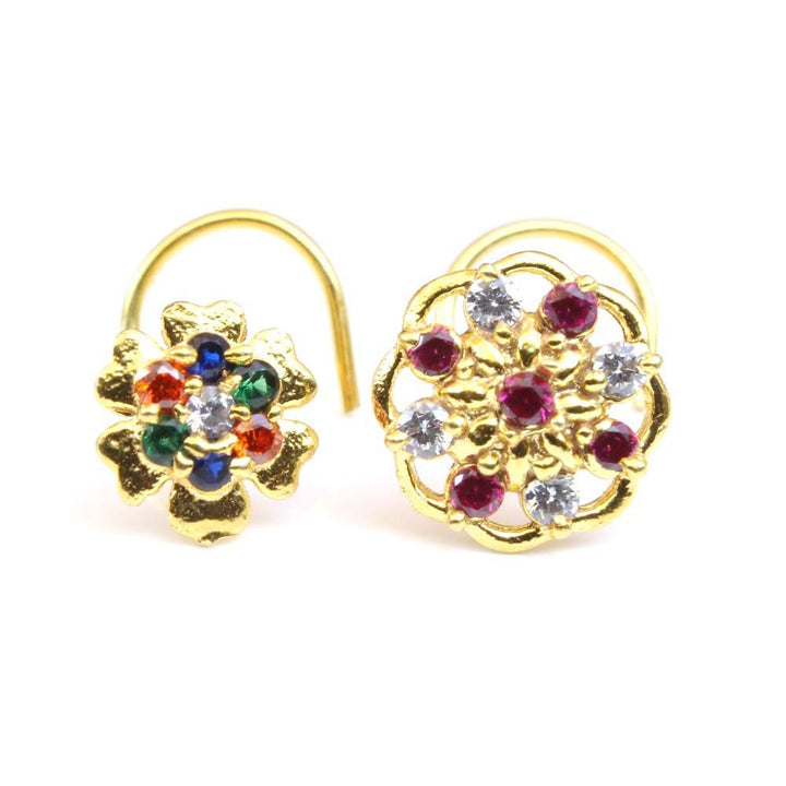 2pc-set-flower-gold-plated-indian-nose-studs-cz-corkscrew-piercing-nose-ring-10986