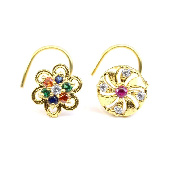 2pc-set-daisy-gold-plated-indian-nose-studs-cz-corkscrew-piercing-nose-ring-10987