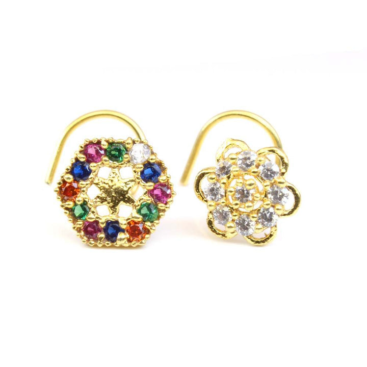 2pc-set-daisy-gold-plated-indian-nose-studs-cz-corkscrew-piercing-nose-ring-10988