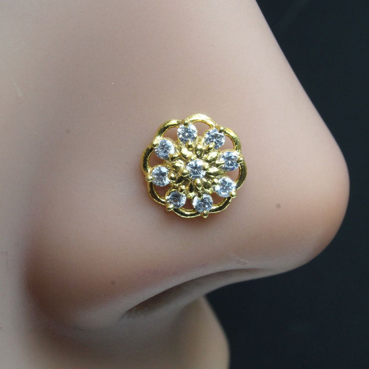 Gold Plated Indian Flower Nose Studs CZ corkscrew piercing nose ring