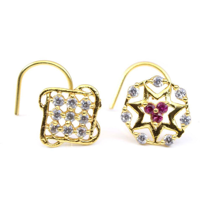2pc-set-gold-plated-indian-nose-studs-cz-corkscrew-piercing-nose-ring