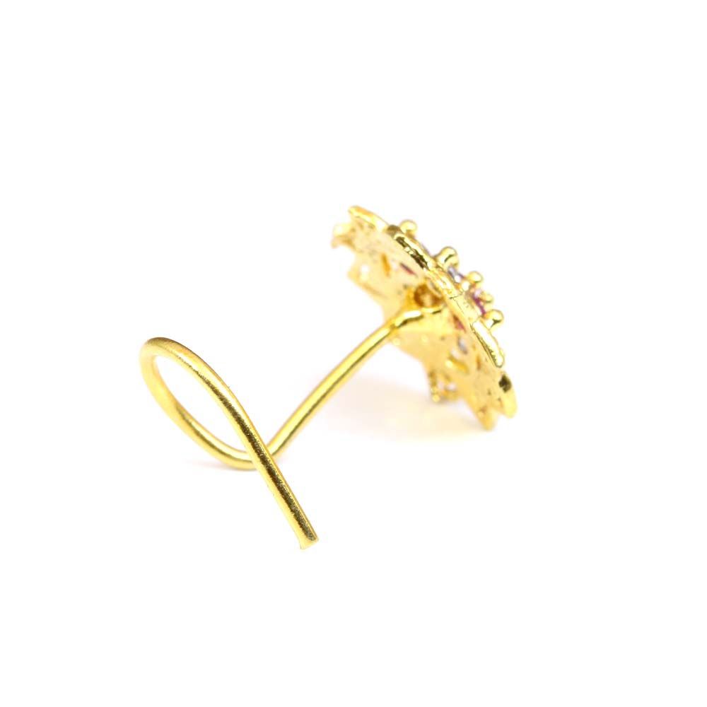 Gold Plated Indian Sunflower Nose Studs CZ corkscrew piercing nose ring