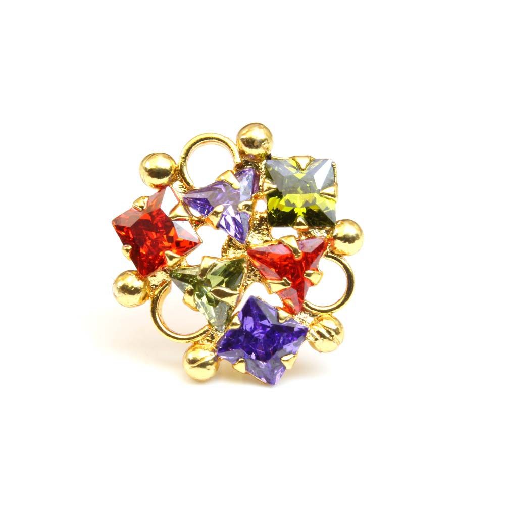 16g Indian Nose ring Multi-color CZ gold plated Piercing Nose stud push pin