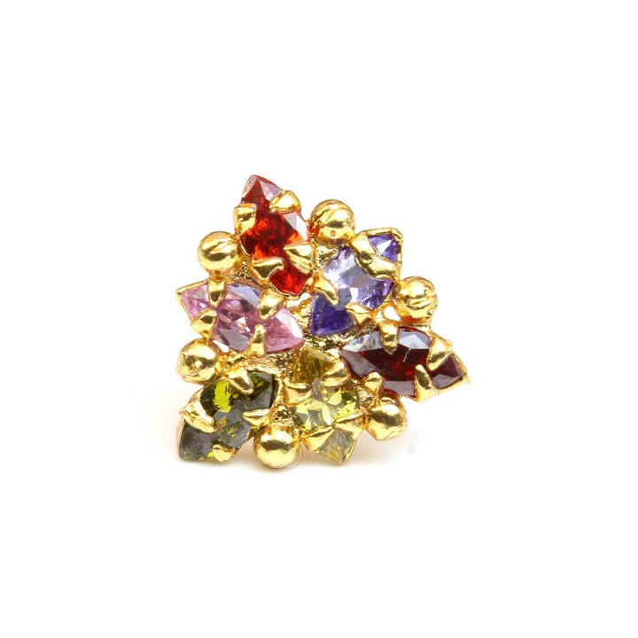 16g Indian Nose ring Multi-color CZ gold plated Piercing Nose stud push pin