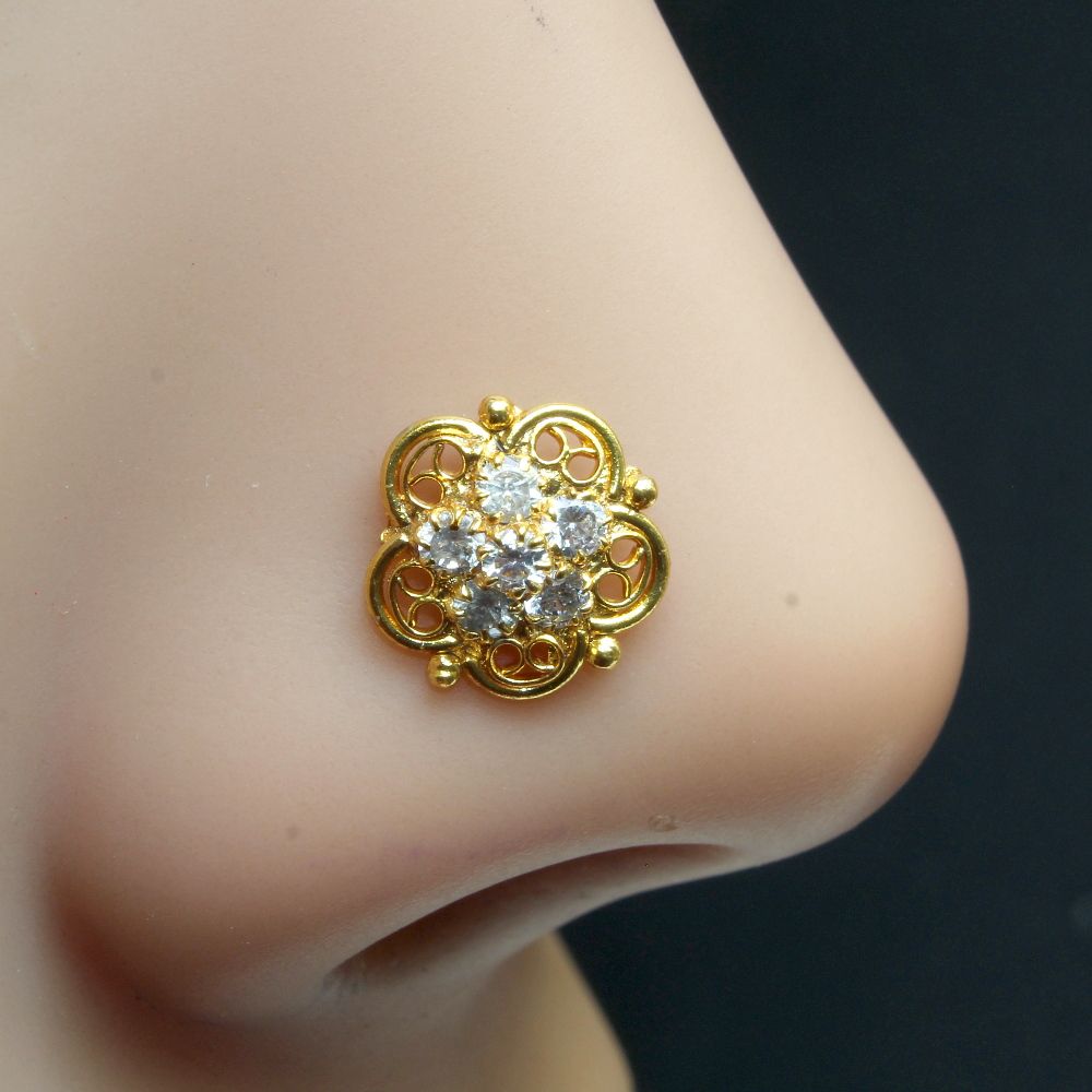 Karizma Jewels Nose Studs are Purely Handmade Designed by Experienced Master Craftsmen.
Indian Nose Stud Ring in Yellow Gold Plated Traditional Design Nose Piercings Inspired from Indian Culture.