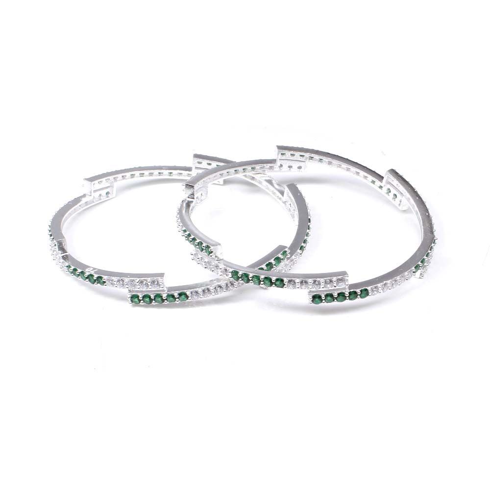 Real Silver Green White CZ Women Bangles Bracelet 5.6 CM - Pair