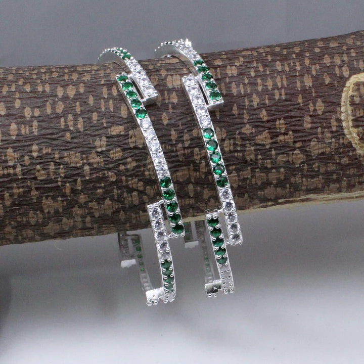 Real Silver Green White CZ Women Bangles Bracelet 5.6 CM - Pair