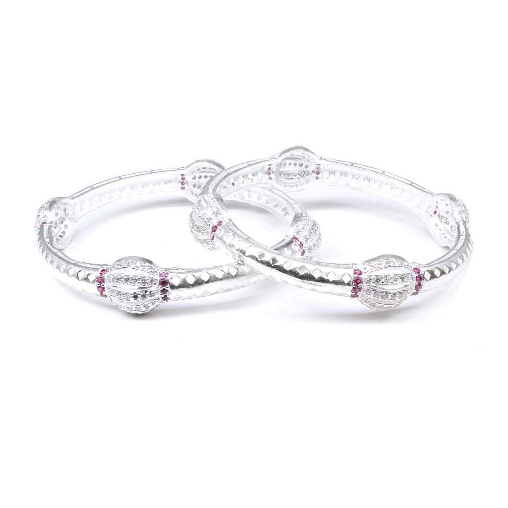 Real Silver Pink White CZ Women Bangles Bracelet 5.8 CM - Pair