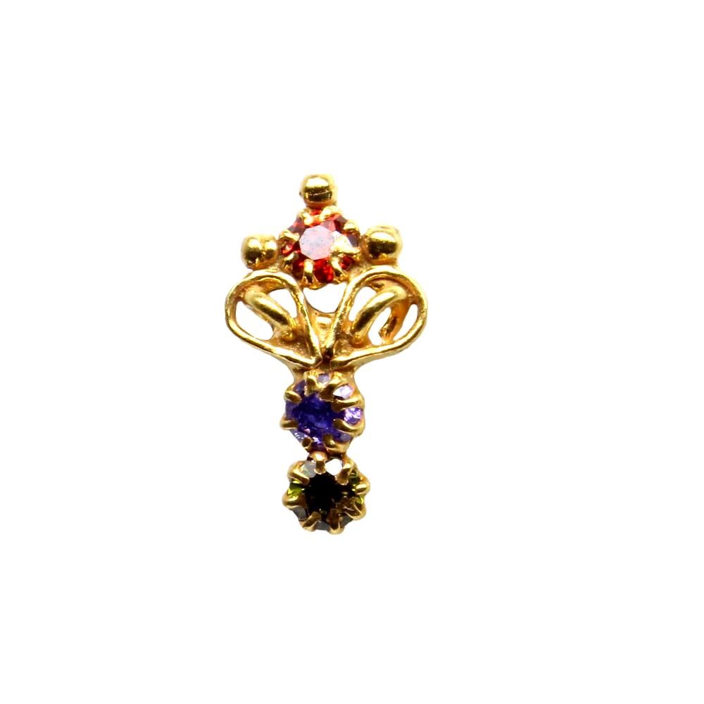 Ethnic Nose Stud, Multi-color CZ stone nose stud, corkscrew nose piercing ring