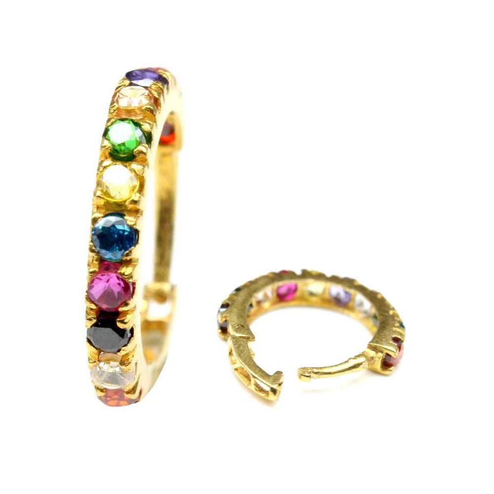 Large Real Gold Indian Multicolor CZ Hoop Nose Ring clicker hinged Nose piercing