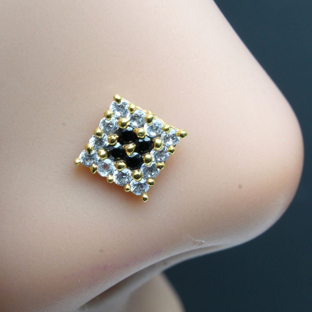 Indian Square Nose ring Black CZ studded gold plated Piercing Nose stud push pin