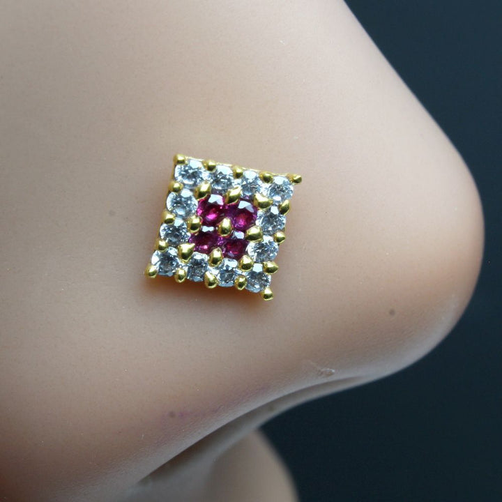 Indian Square Nose ring Pink CZ studded gold plated Piercing Nose stud push pin