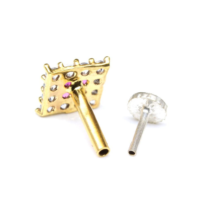 Indian Square Nose ring Pink CZ studded gold plated Piercing Nose stud push pin