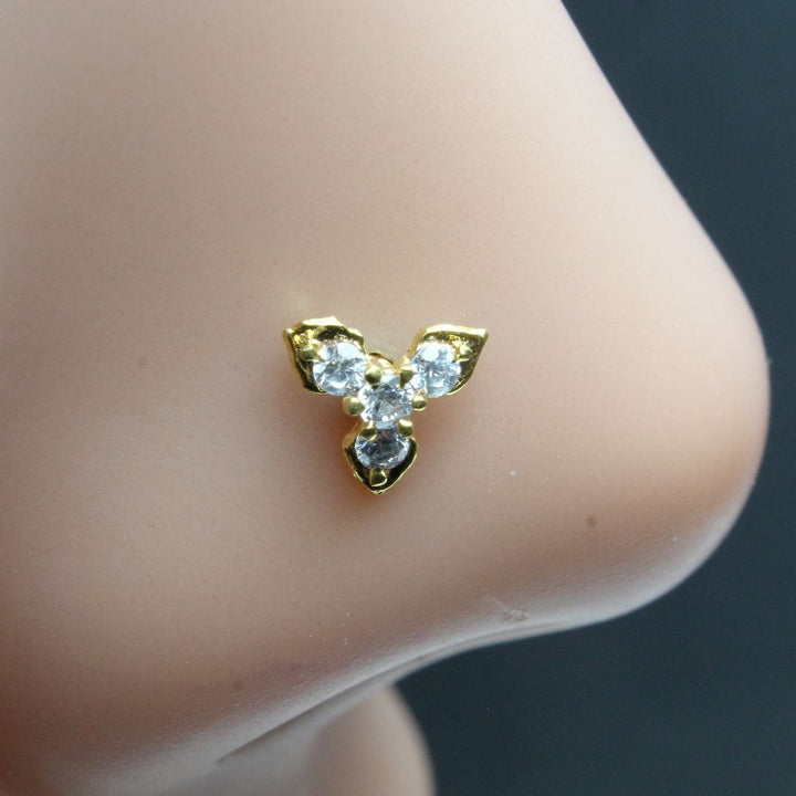 Indian Nose ring White CZ studded gold plated Piercing Nose stud push pin