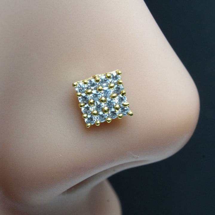 Ethnic Square Nose ring White CZ studded gold plated Piercing Nose stud push pin
