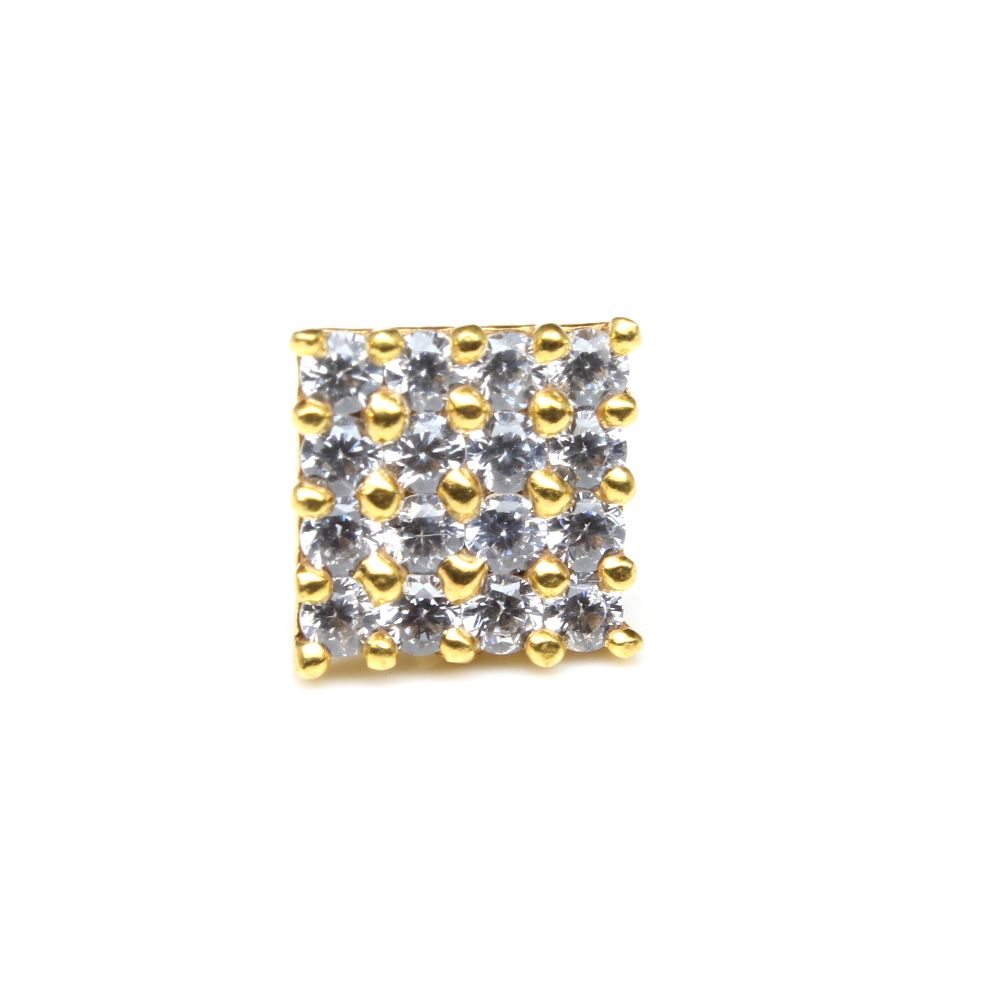 Ethnic Square Nose ring White CZ studded gold plated Piercing Nose stud push pin