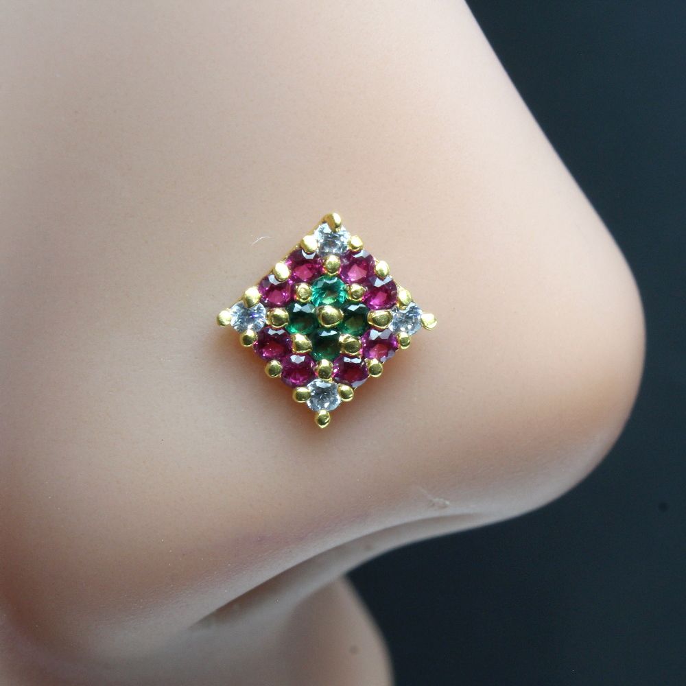 Ethnic Square Nose ring Multi-color CZ gold plated Piercing Nose stud push pin