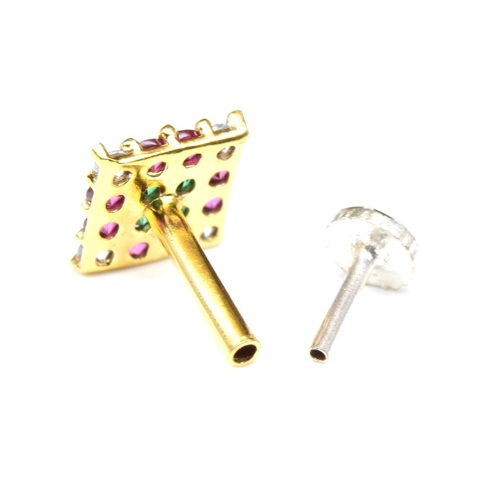 Ethnic Square Nose ring Multi-color CZ gold plated Piercing Nose stud push pin