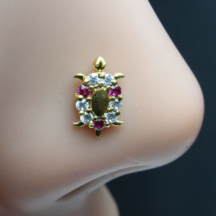 Indian Turtle Nose ring Pink CZ studded gold plated Piercing Nose stud push pin