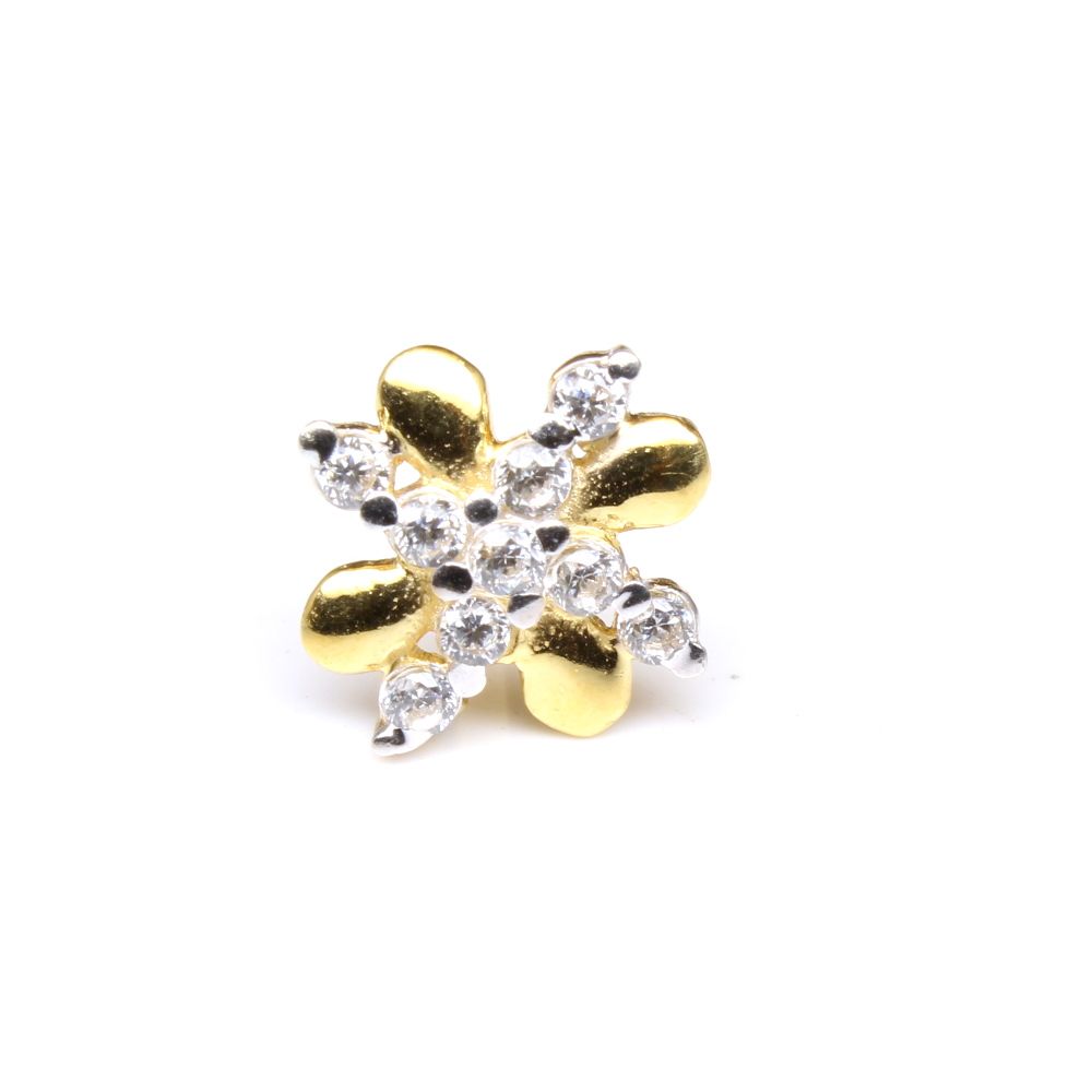 Real Gold White CZ Nose Stud Nose Pin Solid 14k Yellow Gold