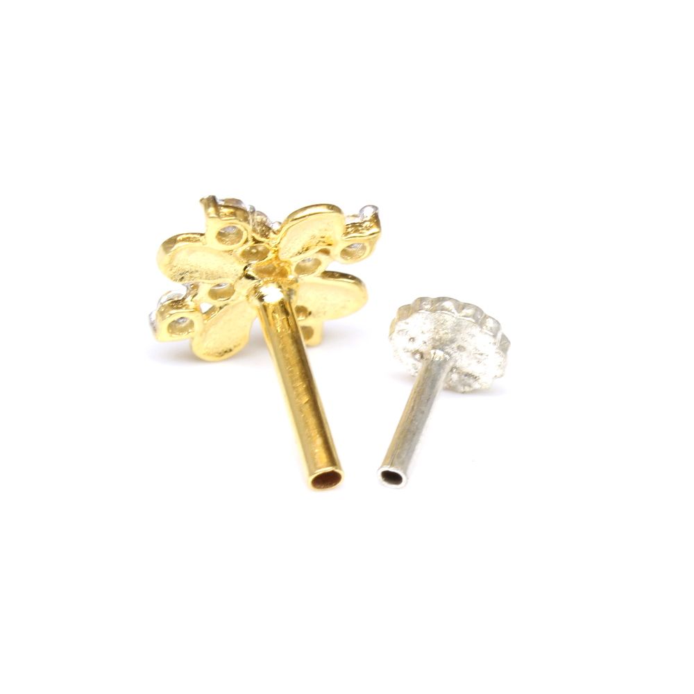 Real Gold White CZ Nose Stud Nose Pin Solid 14k Yellow Gold
