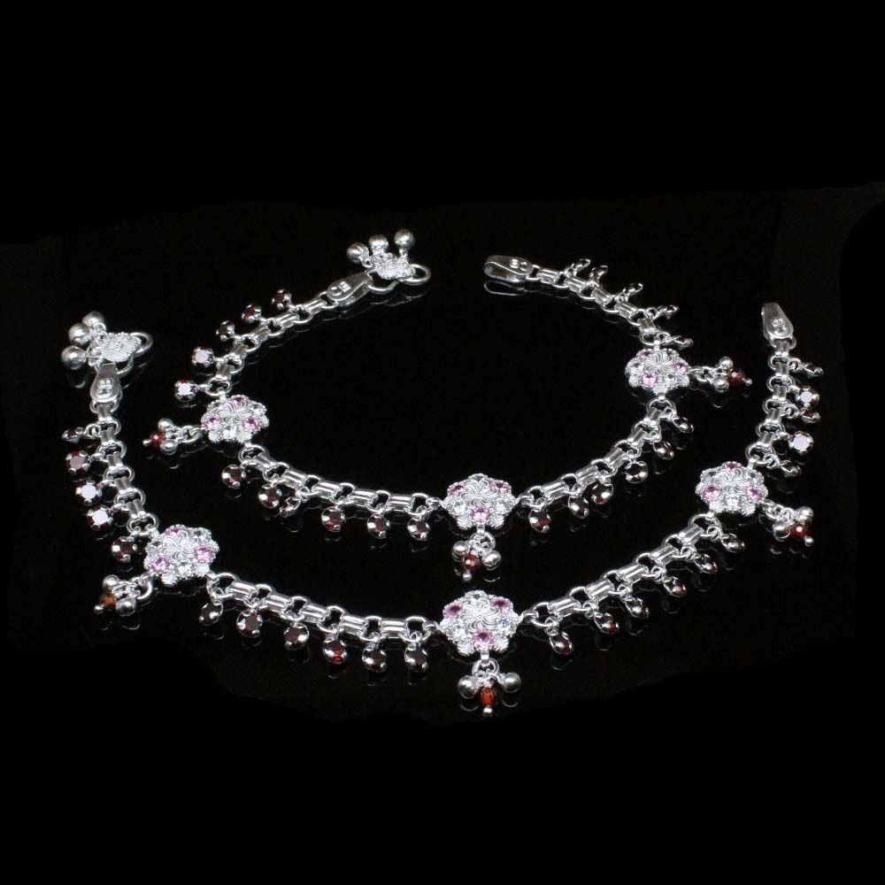 indian-wedding-real-silver-jewelry-cz-floral-anklets-ankle-bracelet-pair-10.5quot-10847