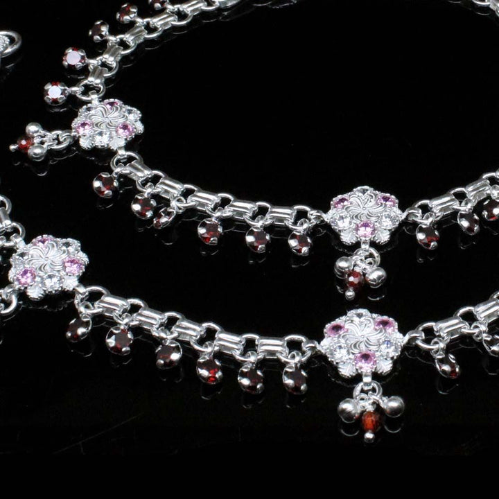 Wedding Real Silver Jewelry CZ floral Anklets Ankle (Pajeb) Bracelet Pair 10.7&quot;