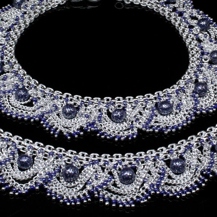 Blue beads Anklets Real Silver Bracelet Pair 10.5"