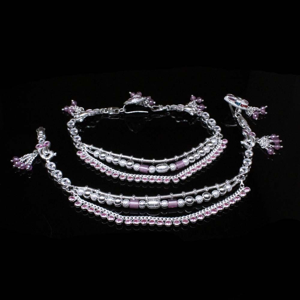 wedding-real-silver-pink-cz-floral-anklets-ankle-chain-pajeb-bracelet-pair-10.5quot