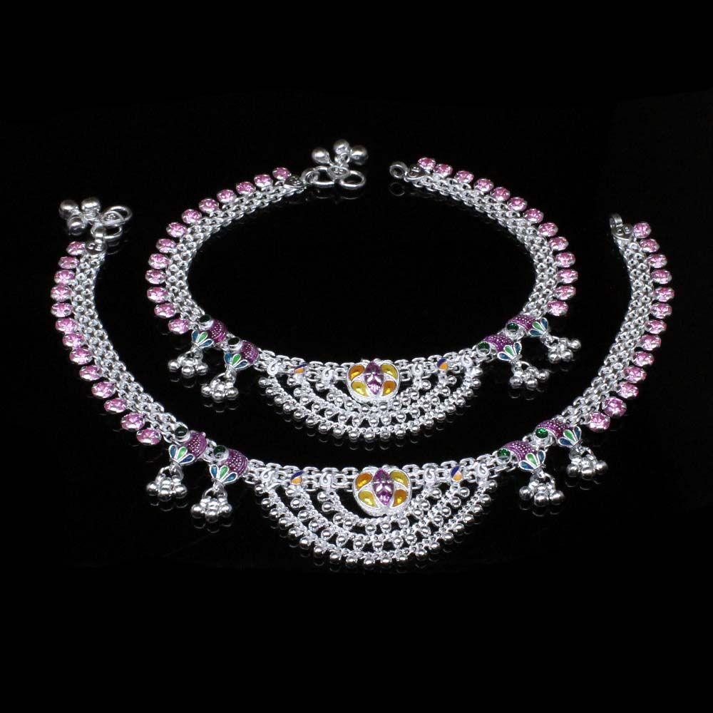 bridal-real-silver-cz-floral-anklets-ankle-chain-dangle-payal-bracelets-10.7quot