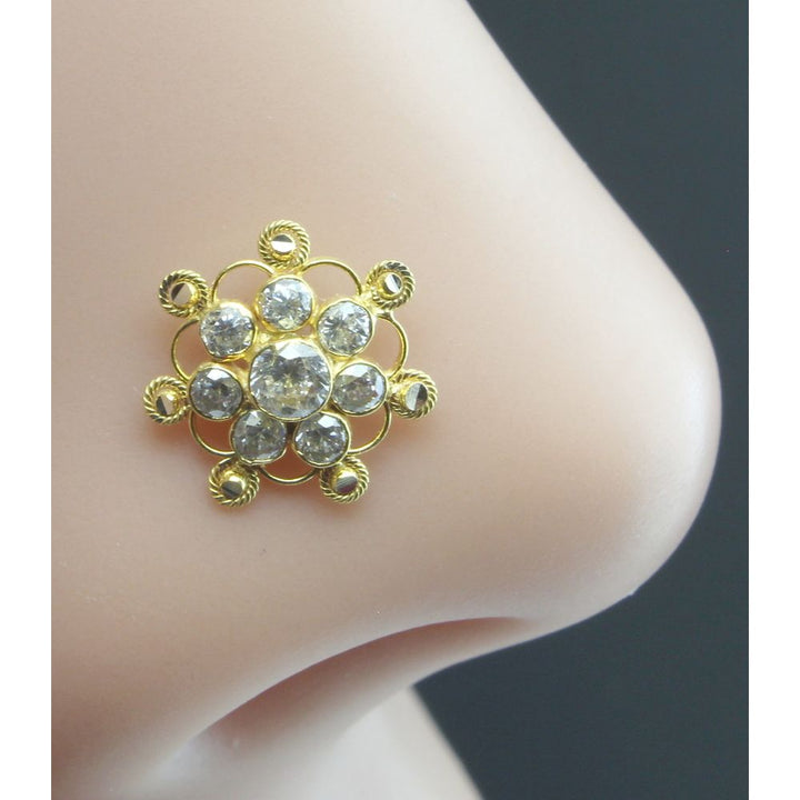 Flower Shape 14k Real Gold Nose pin for women with white stones