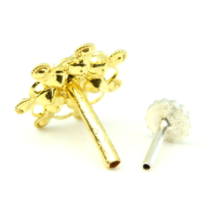 Real Gold Nose stud 14K Ethnic White CZ Indian piercing nose ring Push Pin