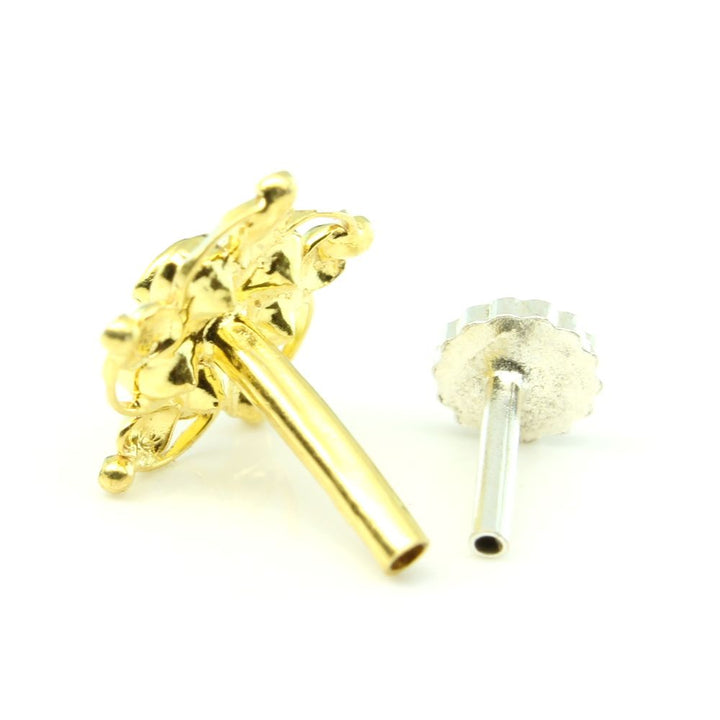 Real Gold Nose stud 14K Ethnic White CZ Indian piercing nose ring Push Pin