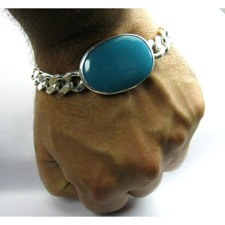SOLID-GENUINE-925-STERLING-SILVER-CURB-LINK-CHAIN-MEN'S-BRACELET-TURQUOISE-MAN-JEWELRY