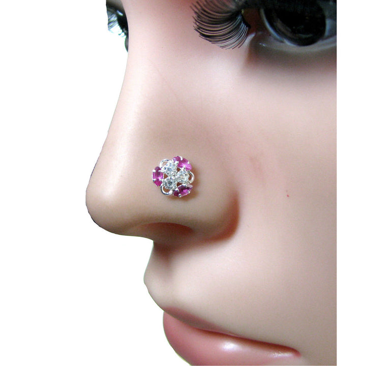 Traditional Indian Piercing Screw Nose Stud Pink White CZ 925 Sterling Silver