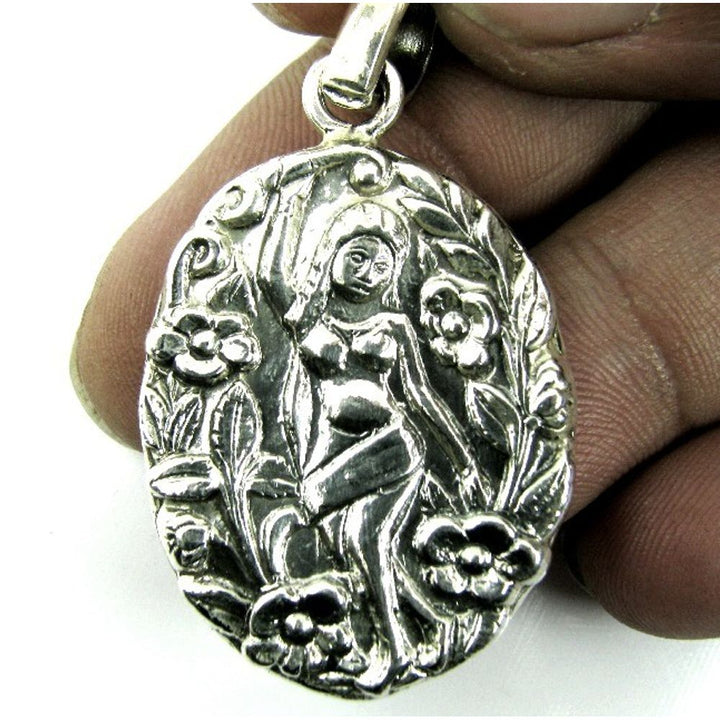 Hand Crafted Antique Style Girls and Flower Inscribed 925 Sterling Silver Pendant