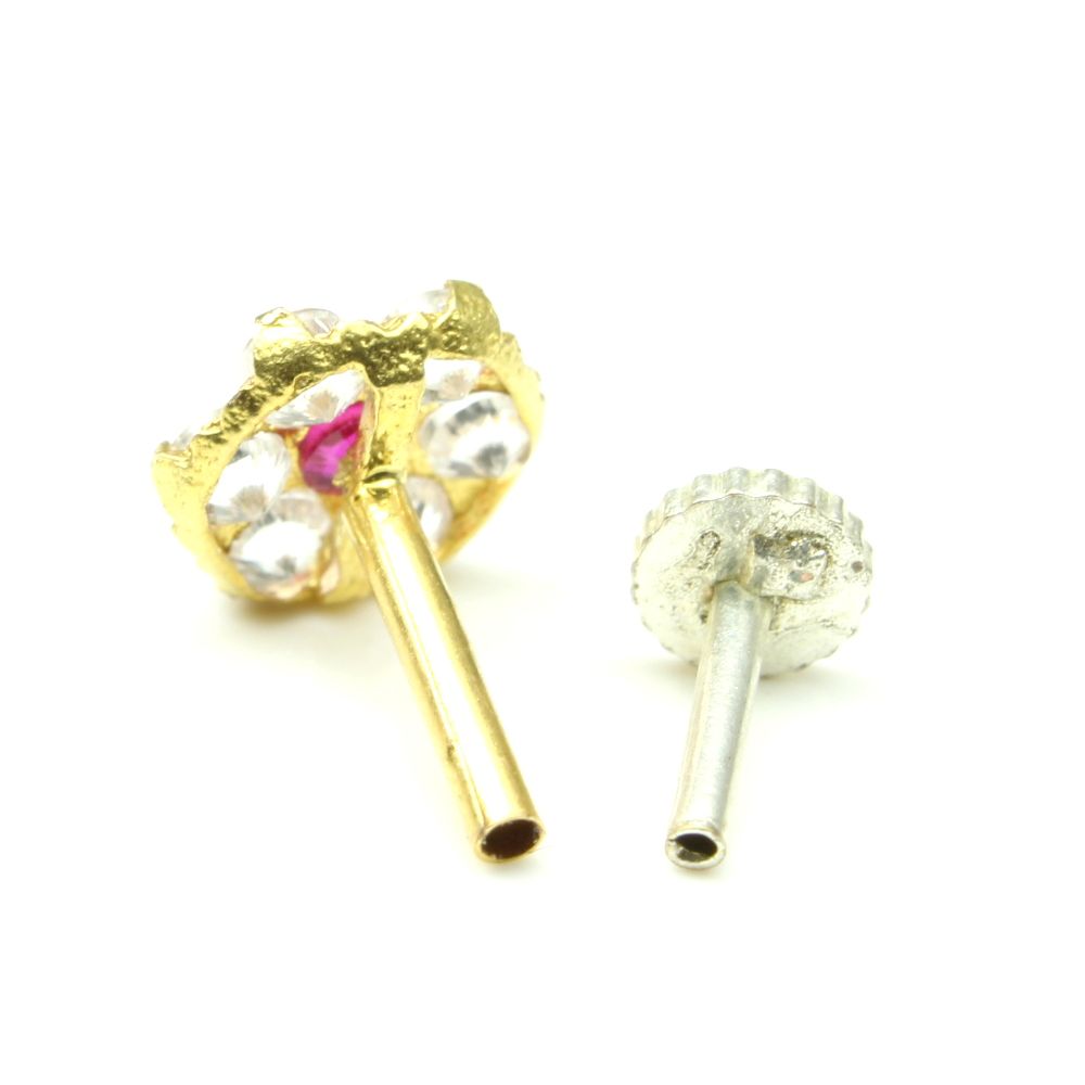 Real Gold Pink White CZ Piercing Nose Stud Nose Pin Solid 14k Yellow Gold