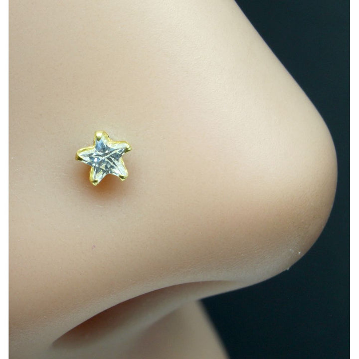 Real Gold White Star CZ Piercing Nose Stud Nose Pin Solid 14k Yellow Gold
