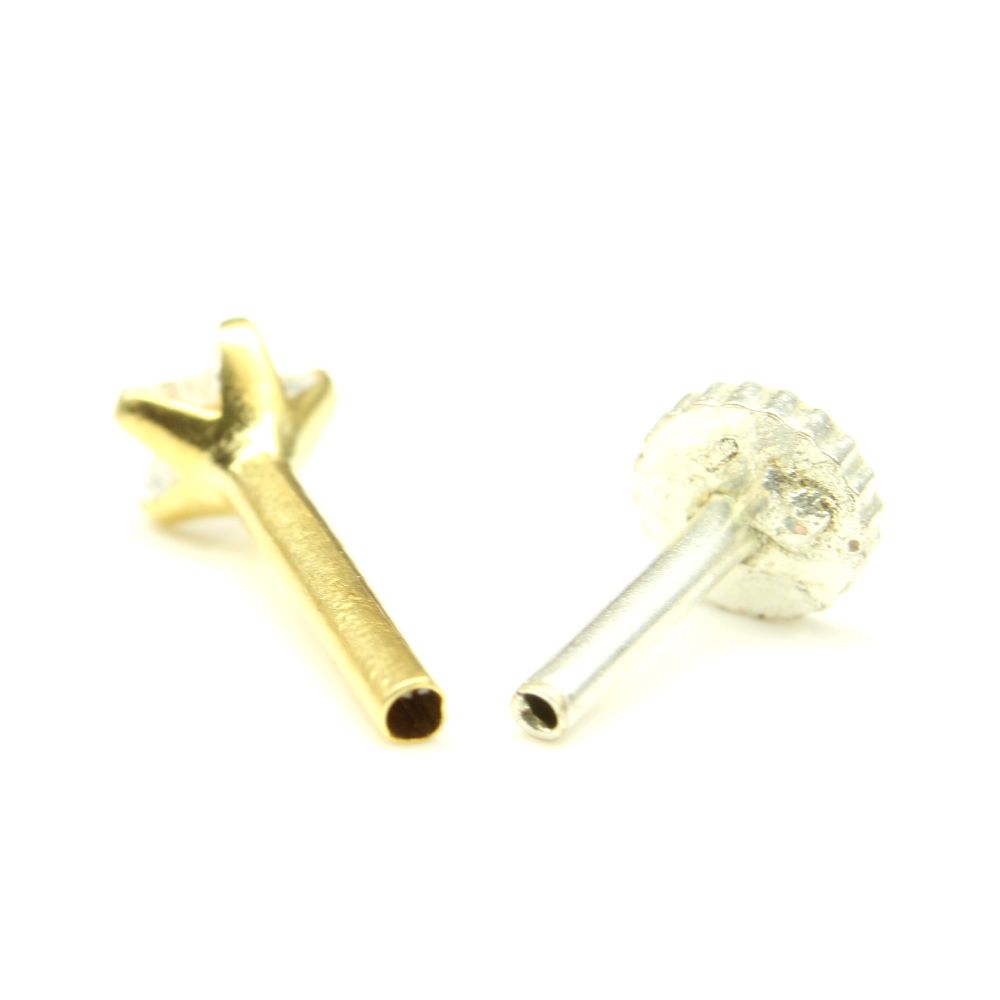 Real Gold White Star CZ Piercing Nose Stud Nose Pin Solid 14k Yellow Gold