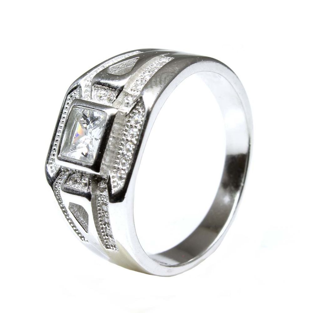Real Solid 925 Silver Men's Ring CZ Studded Platinum Finish