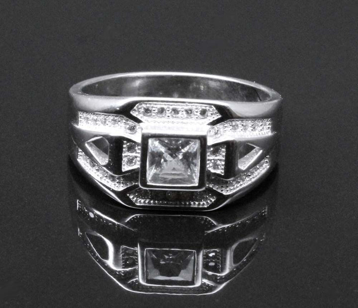 Real Solid 925 Silver Men's Ring CZ Studded Platinum Finish