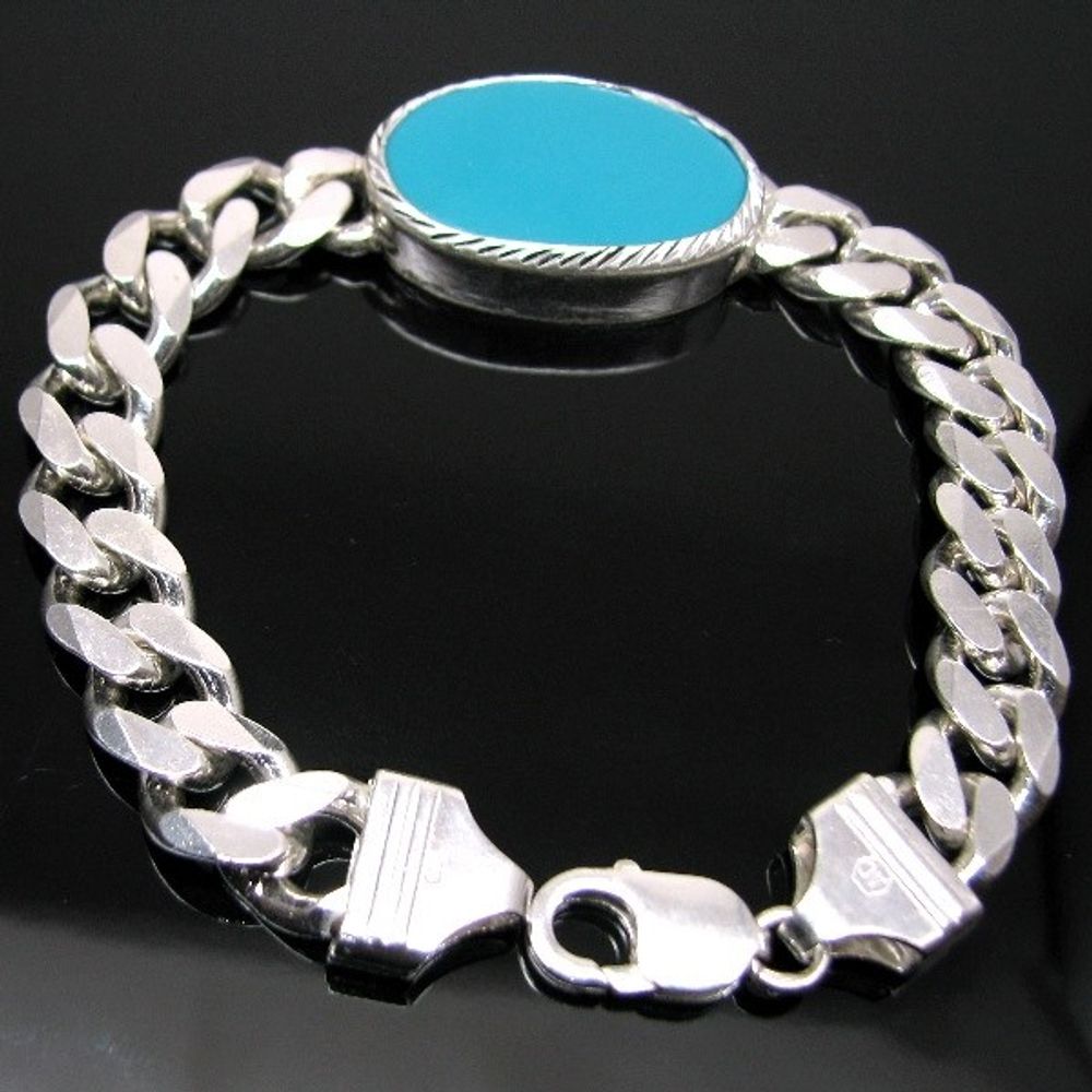 Solid-Genuine-.925-Sterling-Silver-Curb-Link-Chain-Men's-Bracelet-Turquoise