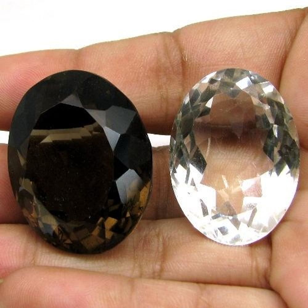 133.8Ct 2pc Lot Natural Smoky & Crystal Quartz Oval Faceted Loose Gemstones
