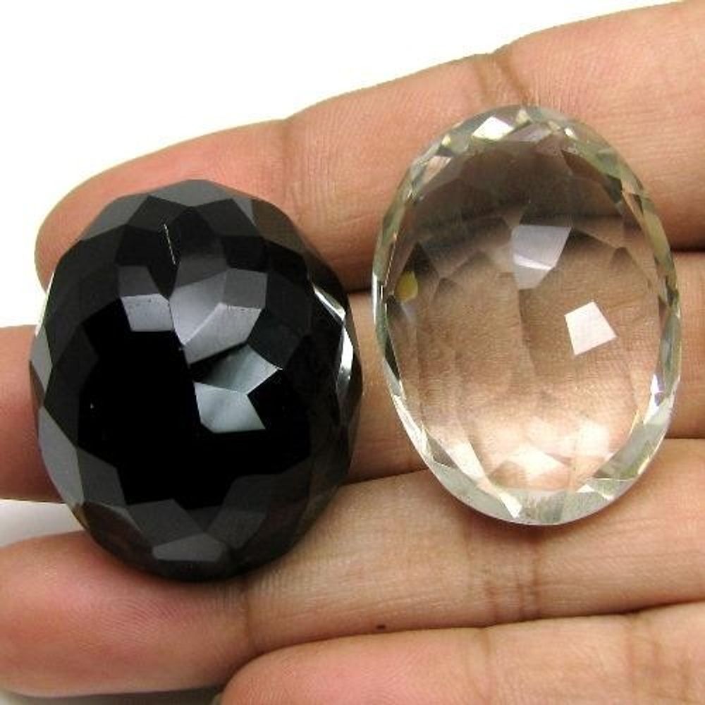 150Ct 2pc Lot Natural Smoky & Crystal Quartz Oval Faceted Loose Gemstones