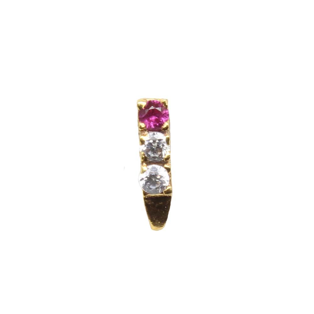 Gold Plated Indian Nose Stud, Pink White CZ corkscrew piercing nose ring