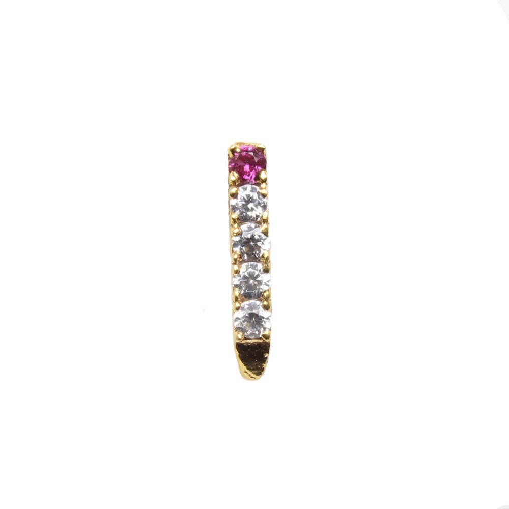 Gold Plated Indian Nose Stud, Pink White CZ corkscrew piercing nose ring
