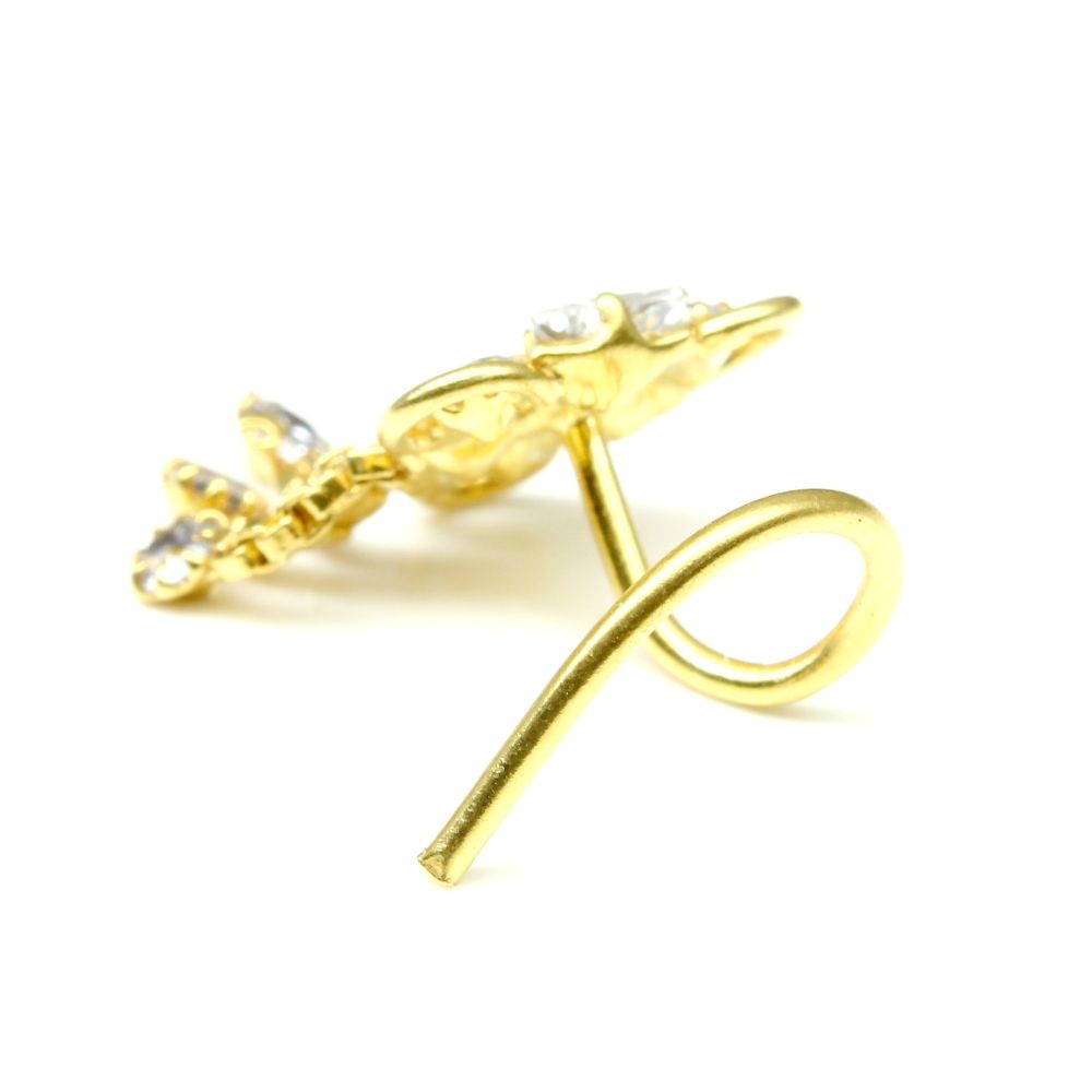 22K Gold filled Indian Nose Stud, White CZ corkscrew piercing nose ring