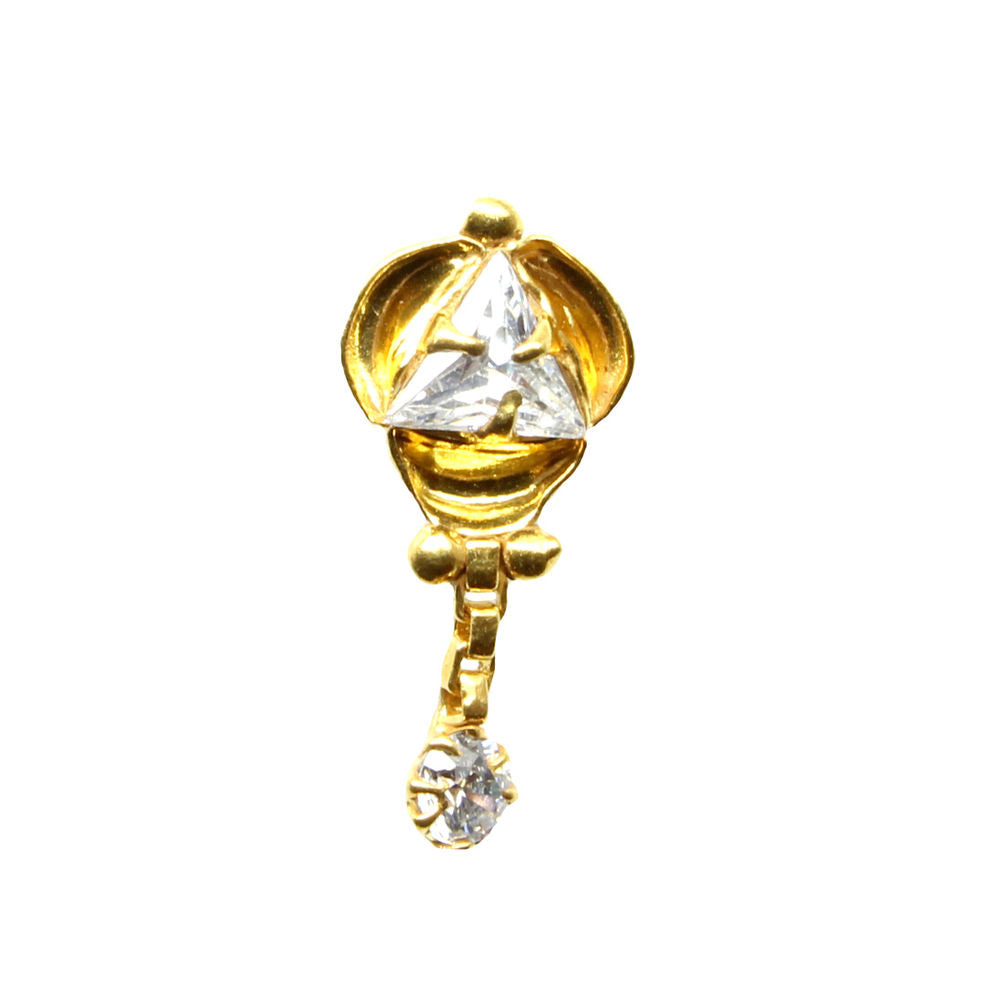 22K Gold filled Indian Nose Stud, White CZ corkscrew piercing nose ring