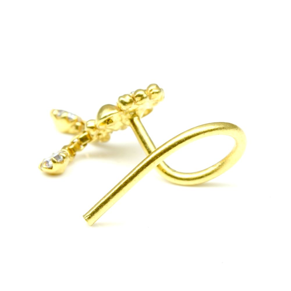 22K Gold filled Indian Nose Stud, White CZ corkscrew piercing nose ring