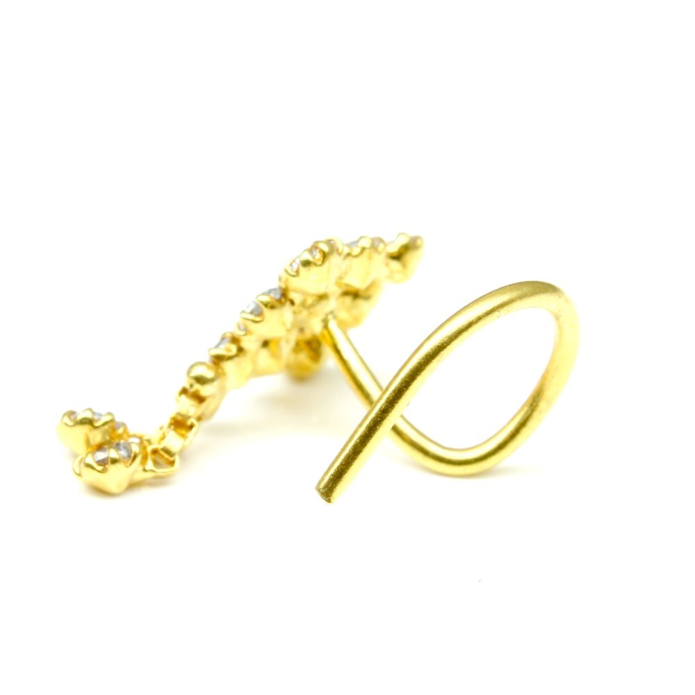 22K Gold filled Indian Nose Stud, White CZ corkscrew piercing nose ring